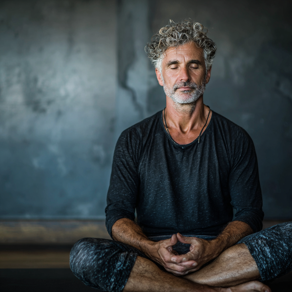 experienced 51 years old yoga instructor 50 years old person in peaceful pose