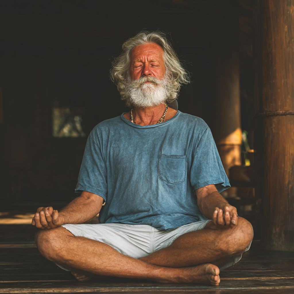 peaceful 50 years old person in meditation pose surrounded by natural elements